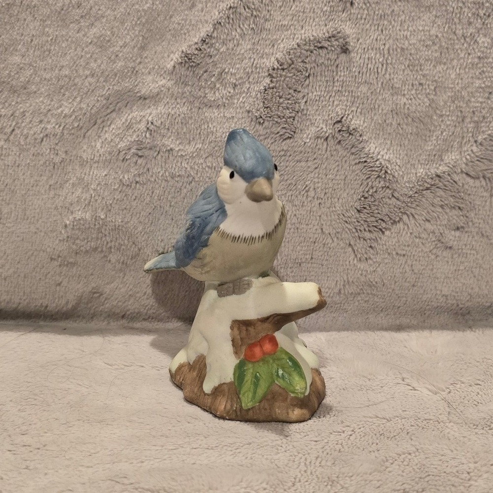 Vintage Matte Ceramic Blue Jay Figurine on Snow Branch with Holly Decor 3.5"